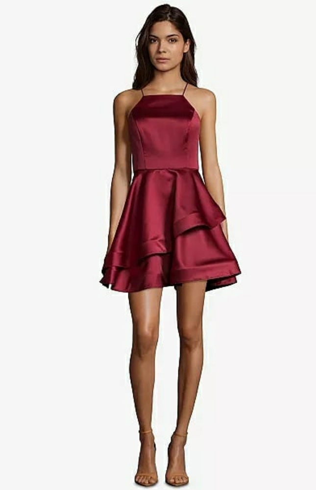 Betsy Adam Tiered Fit Flare Dress Burgundy